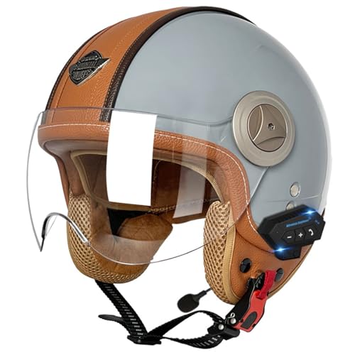 Bluetooth-Motorradhelm Jethelm Bluetooth Halbhelm mit Offenem, Motorrad 3/4-Halbhelm,Retro Scooter Tourenhelm,ECE zugelassener Motorrad-Jethelm für Erwachsene Männer und Frauen E,L=59-60CM von BGGNG