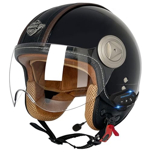 Bluetooth-Motorradhelm Jethelm Bluetooth Halbhelm mit Offenem, Motorrad 3/4-Halbhelm,Retro Scooter Tourenhelm,ECE zugelassener Motorrad-Jethelm für Erwachsene Männer und Frauen F,XL=61-62CM von BGGNG