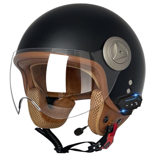 Bluetooth-Motorradhelm Jethelm Bluetooth Halbhelm mit Offenem, Motorrad 3/4-Halbhelm,Retro Scooter Tourenhelm,ECE zugelassener Motorrad-Jethelm für Erwachsene Männer und Frauen I,XXL=63-64CM von BGGNG