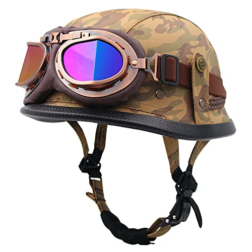 Deutscher Leder-Motorrad-Halbhelm, Retro-Jethelm, Totenkopfkappe Mit Schutzbrille, Motorrad-Antikollisionshelm, ECE-Zertifizierter Open-Face-Helm Für Fahrrad-Cruiser-Scooter D,L=59-60CM von BGGNG