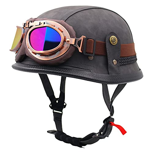 Deutscher Leder-Motorrad-Halbhelm, Retro-Jethelm, Totenkopfkappe Mit Schutzbrille, Motorrad-Antikollisionshelm, ECE-Zertifizierter Open-Face-Helm Für Fahrrad-Cruiser-Scooter E,XL=61-62CM von BGGNG