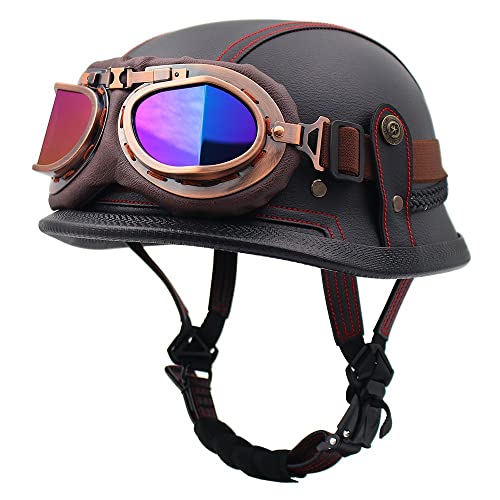 Deutscher Leder-Motorrad-Halbhelm, Retro-Jethelm, Totenkopfkappe Mit Schutzbrille, Motorrad-Antikollisionshelm, ECE-Zertifizierter Open-Face-Helm Für Fahrrad-Cruiser-Scooter F,M=57-58CM von BGGNG