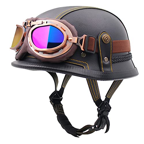 Deutscher Leder-Motorrad-Halbhelm, Retro-Jethelm, Totenkopfkappe Mit Schutzbrille, Motorrad-Antikollisionshelm, ECE-Zertifizierter Open-Face-Helm Für Fahrrad-Cruiser-Scooter G,L=59-60CM von BGGNG