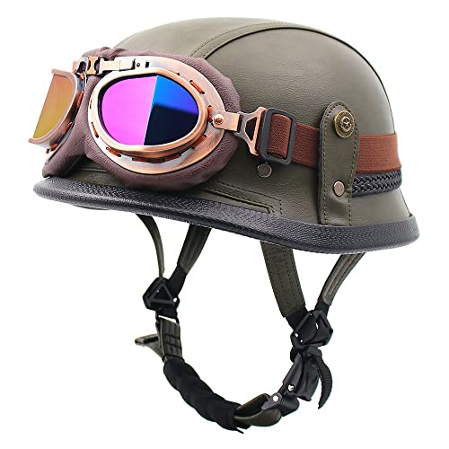 Deutscher Leder-Motorrad-Halbhelm, Retro-Jethelm, Totenkopfkappe Mit Schutzbrille, Motorrad-Antikollisionshelm, ECE-Zertifizierter Open-Face-Helm Für Fahrrad-Cruiser-Scooter I,L=59-60CM von BGGNG