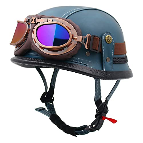 Deutscher Leder-Motorrad-Halbhelm, Retro-Jethelm, Totenkopfkappe Mit Schutzbrille, Motorrad-Antikollisionshelm, ECE-Zertifizierter Open-Face-Helm Für Fahrrad-Cruiser-Scooter J,XL=61-62CM von BGGNG