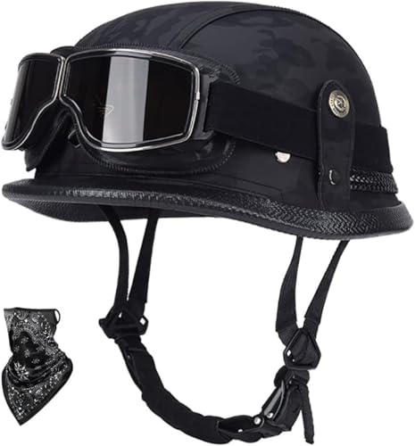 Deutscher Motorrad-Halbhelm Aus Leder Mit Totenkopfkappe, Retro-Jethelm Mit Schutzbrille Und Visier, Schnellverschluss, ECE-Zertifizierter Offener Helm B,M=57-58CM von BGGNG