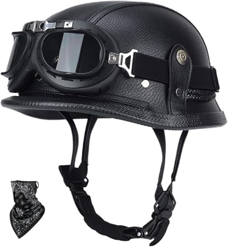 Deutscher Motorrad-Halbhelm Aus Leder Mit Totenkopfkappe, Retro-Jethelm Mit Schutzbrille Und Visier, Schnellverschluss, ECE-Zertifizierter Offener Helm E,L=59-60CM von BGGNG