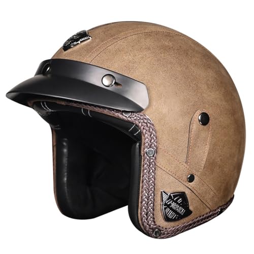 Leder 3/4 Open Face Motorrad Halbhelm, Jet Motorradhelm ECE Zertifiziert Mit Herausnehmbarem Innenfutter, Moped Halbhelm, Herren Damen Cruiser Helm Mopedhelm C,L=59-60CM von BGGNG