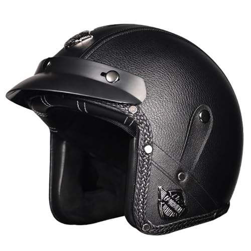 Leder 3/4 Open Face Motorrad Halbhelm, Jet Motorradhelm ECE Zertifiziert Mit Herausnehmbarem Innenfutter, Moped Halbhelm, Herren Damen Cruiser Helm Mopedhelm E,S=55-56CM von BGGNG