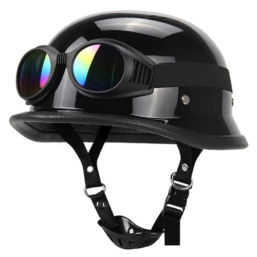 Motorradhelm Halbhelm Motorrad Mit Schutzbrille Cooler Vintage Helm Persönlichkeit DOT Leichter Jahreszeiten Männer Und Frauen Chopper Moped Roller Helm D,M=57-58CM von BGGNG