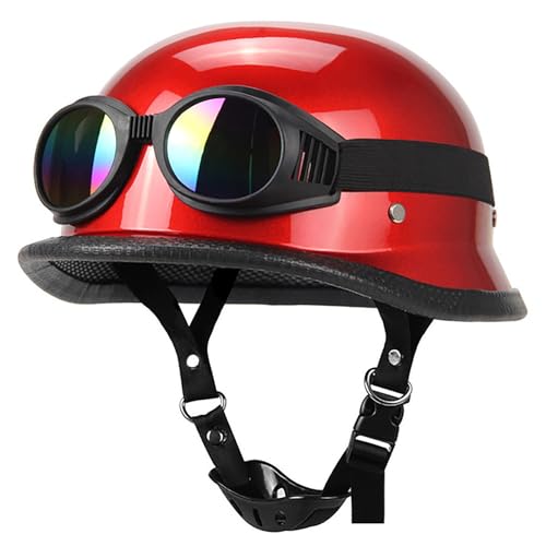 Motorradhelm Halbhelm Motorrad Mit Schutzbrille Cooler Vintage Helm Persönlichkeit DOT Leichter Jahreszeiten Männer Und Frauen Chopper Moped Roller Helm E,XL=61-62CM von BGGNG