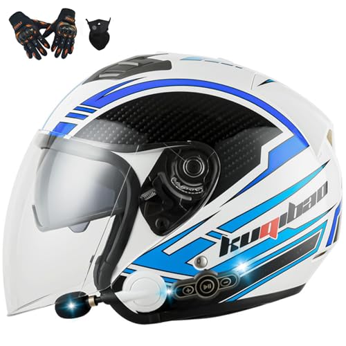 Motorradhelm Klapphelm Mit Bluetooth Herren Damen ECE-Zertifizierter Motorrad Jethelme Integrierter Bluetooth-Helm Mit Anti-Fog-Doppelspiegel Rollerhelm Scooterhelm Q,M=57-58CM von BGGNG