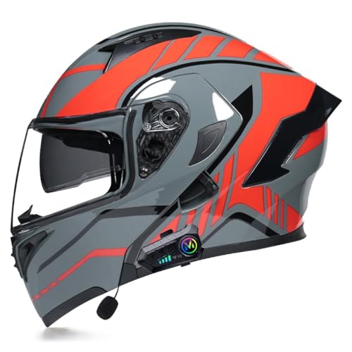 Motorradhelm für Herren mit Bluetooth Klapphelm,ECE Zertifiziert Doppelvisier Modularer Helm für Erwachsene,Frauen Integralhelm mit Mikrofon für Automatische Reaktion J,L=59-60CM von BGGNG