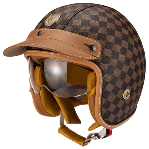 Vintage Jethelm 3/4 Motorradhelm Offenem-Helm mit Lederkrempe ECE Zulassung Roller Scooter Helm Moped Mofa-Helm Retro Vintage Biker Helmet für Erwachsene Herren Damen C,L=59-60CM von BGGNG