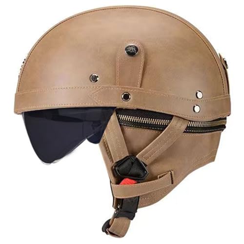 Vintage Motorradhelm Retro Leder Halbhelm Deutscher Stil Scooter Cruiser Helikopter Sturzhelm Mit Visier ECE-Zertifizierter Rollerhelm Mopedhelm Motorrad Halbhelm F,XL=61-62CM von BGGNG