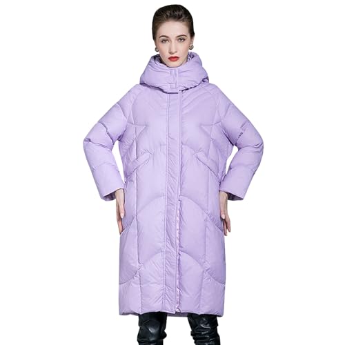 BHGLUZGBY Daunenjacke Down Jacket Damen Lange Pufferjacke Wintermantel Verdickter Parka mit Kapuze Knielang Weiße Entendaunen Oberbekleidung,Purple,S(50 von BHGLUZGBY