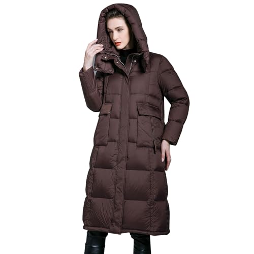 BHGLUZGBY Daunenjacke Down Jacket Damen Leichte Pufferjacke Kapuze Gesteppter Gepolsterter Wintermantel Knielange Oberbekleidung,Brown,L(65 von BHGLUZGBY