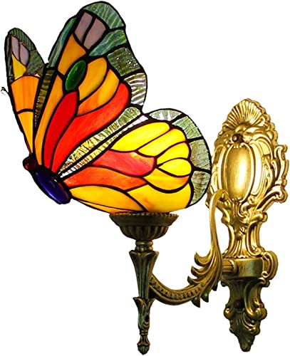 BHIAG Wandlampe im Tiffany-Stil, Tiffany-Stil, farbige Glas-Schmetterling-Wandlampe, Kristallperlendekoration, Wohnzimmer, Schlafzimmer, Badezimmerspiegel von BHIAG