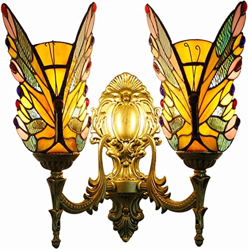 BHIAG Wandlampe im Tiffany-Stil, Wandlampe im Tiffany-Stil, Schlafzimmer, Wohnzimmer, Badezimmer, Spiegel, doppelköpfig, farbiges Glas, Schmetterling-Wandlampe von BHIAG