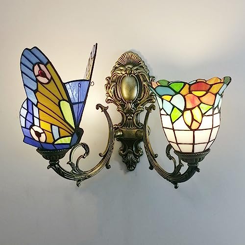 Tiffany Stil Wandleuchte, Schmetterlingsfarbene Glas Nachttischlampe für Wohnzimmer, Schlafzimmer und Badezimmer von BHIAG