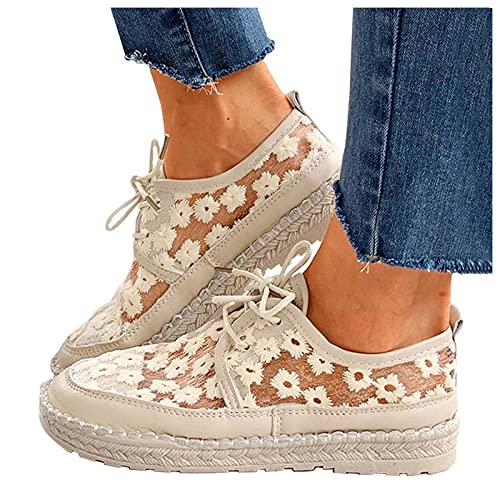 BIBOKAOKE Flache Canvas Sneaker Damen Stoffschuhe Low Slip-Ons Stoffschuhe Spitze Mesh kleine Florale Schnür-Freizeitschuhe Bequeme Flache Schuhe Lässige Einzelne Schuhe Wanderschuhe von BIBOKAOKE