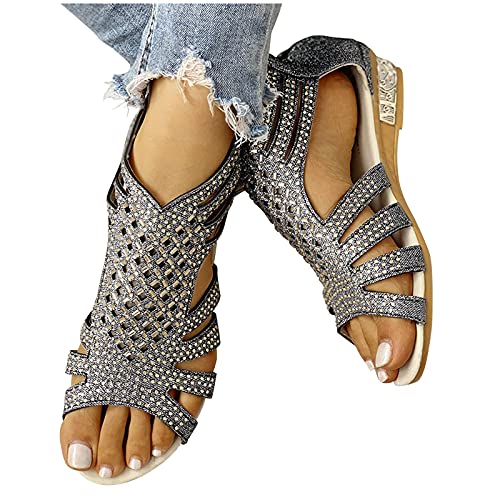 BIBOKAOKE Sandalen Damen Elegant Strandsandalen Strass Lässige Flache Schuhe Sommerschuhe Frauen Riemchensandalen Open Toe Römersandalen Reißverschluss Abendschuhe Glitzer Strass Sandaletten von BIBOKAOKE