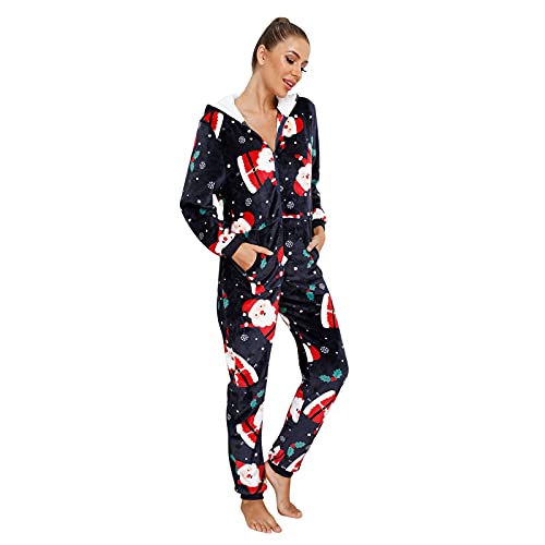 BIBOKAOKE Weihnachts Jumpsuit Schlafanzug Damen mit Kapuze Pyjama Einteiliger Strampler Nachtwäsche mit Reißverschluss und Taschen Nachtwäsche Trainingsanzug Freizeitanzug Overall Hausanzug von BIBOKAOKE