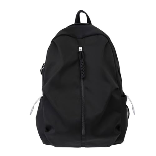 Harajuku einfarbiger Nylon-Rucksack mit Kordelzugtasche, großes Fassungsvermögen, lässiger Schultasche, Büchertasche, Schwarz von BIGULA