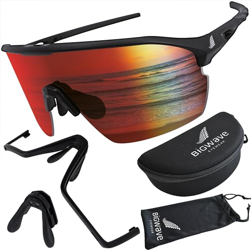 BIGWAVE 906 Sportbrille Schnelle Brille Fahrradbrille Sonnenbrille für Damen und Herren TR90 UV400 mit rot verspiegeltem Wechselglas - Schnelle Brille im Shield-Design mit Anti-Beschlags-Beschichtung von BIGWAVE