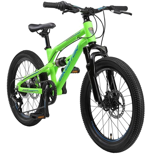 BIKESTAR Kinder Fahrrad Aluminium Fully Mountainbike 7 Gang Shimano, Scheibenbremse ab 6 Jahre | 20 Zoll Kinderrad Fully MTB | Grün von BIKESTAR