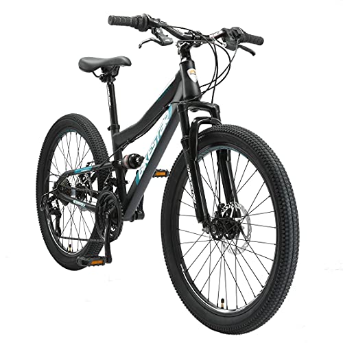 BIKESTAR Kinder Fahrrad Fully Mountainbike 21 Gang Shimano, Scheibenbremse ab 8 Jahre | 24 Zoll Kinderrad MTB | Schwarz von BIKESTAR