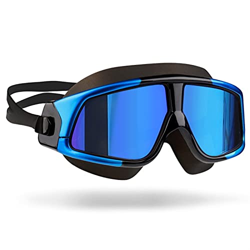 BINCIBH Schwimmbrille,Taucherbrille Schwimmbrille für Männer Frauen Gläser Anti-Nebel Große Rahmen Erwachsene Sport Wasserdichte Silikon Schwimmen Brille Brille (Color : Mirrored black blue) von BINCIBH