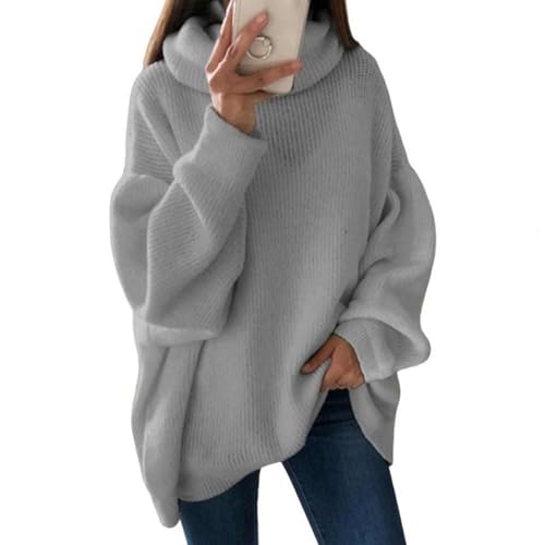 BIUBIULOVE Einfarbiger Rollkragenpullover Für Damen, Locker Gestrickt, Rollkragen, Trendiger Rollkragenpullover, übergroßes Rollkragenoberteil Mit Fledermausärmeln (Grau,2XL) von BIUBIULOVE