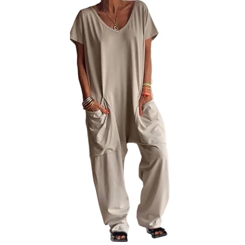 Frauen Kurzärmel Gegen Nacken Lässig Losen Sommer -Jumpsuits Strampler Overss Outfits Mit Taschen (Khaki,2XL) von BIUBIULOVE