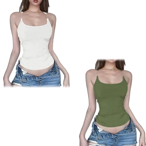 BIUBIULOVE Luvette Tank, Tanktop Mit Unsichtbaren Trägern Für Damen, Tanktops Mit Dünnen Transparenten Trägern, Geripptes Unsichtbares Tanktop, Tanktop Mit Unsichtbaren Trägern (Weiß+Grün,XL) von BIUBIULOVE