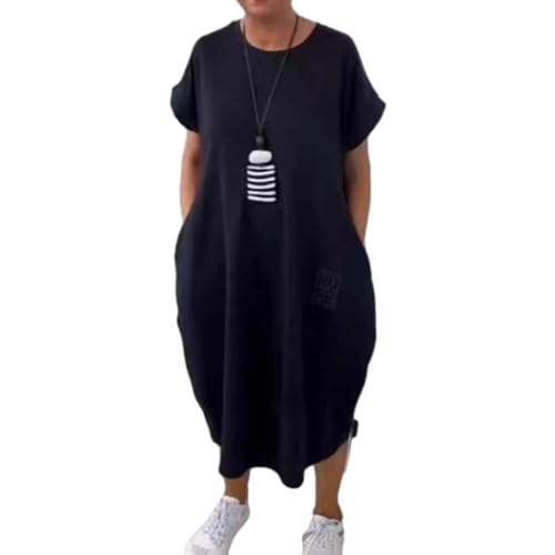 BIUBIULOVE Übergroßes Kleid Mit Rundhalsausschnitt Und Kurzen Ärmeln, T-Shirt-Kleid Für Damen Mit Flügelärmeln, Einfarbiges, Fließendes Maxikleid, Lässiges, Lockeres, Langes Sommerkleid (Schwarz,XL) von BIUBIULOVE