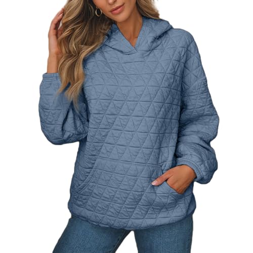 Einfarbiger Gesteppter Kapuzenpullover Mit Kängurutasche, Gesteppte Kapuzenpullover Für Damen, Leichte Kapuzenpullover Im Herbst 2024, Langärmelige, übergroße Kapuzenpullover (Blau,2XL) von BIUBIULOVE