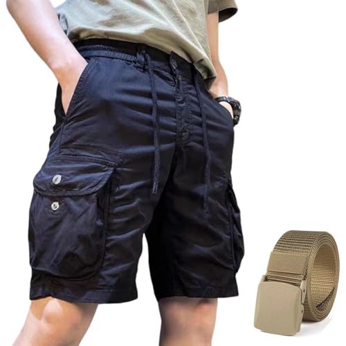 Lässige Outdoor-Wander-Cargo-Shorts Für Herren, Cargo-Shorts, Wander-Shorts, Kordelzug, Lässige Shorts Mit Nylon-Gürtel (Black,2XL) von BIUBIULOVE