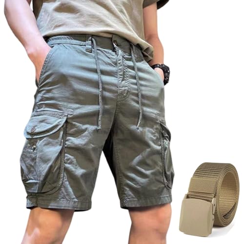 Lässige Outdoor-Wander-Cargo-Shorts Für Herren, Cargo-Shorts, Wander-Shorts, Kordelzug, Lässige Shorts Mit Nylon-Gürtel (Green,L) von BIUBIULOVE
