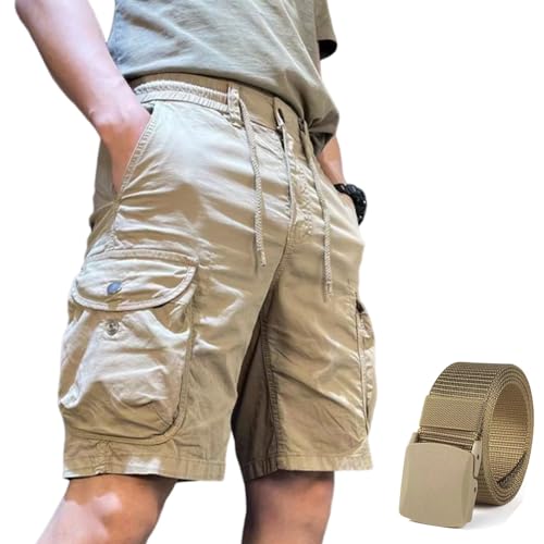 Lässige Outdoor-Wander-Cargo-Shorts Für Herren, Cargo-Shorts, Wander-Shorts, Kordelzug, Lässige Shorts Mit Nylon-Gürtel (Khaki,2XL) von BIUBIULOVE