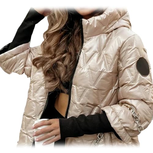 Patchwork-Baumwolljacke Für Damen Mit Kapuze, Leichte Steppjacke Mit Rautenmuster Für Damen, Steppjacke Mit Kapuze, Leichte Steppjacke Mit Reißverschluss Und Taschen (Beige,L) von BIUBIULOVE