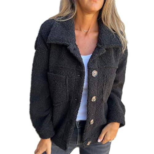 Warme, Kurze Reversjacke Für Damen, Sherpa-Fleecejacke, Sherpa-Jacke Mit Revers Und Knopfleiste, Langärmlige Kunstpelzjacke, Fleecejacke, Oberbekleidung Mit Taschen (Schwarz,4XL) von BIUBIULOVE