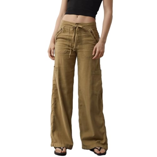 Weite Cargohose Aus Leinenmischung, Cargohose Mit Hoher Taille Für Damen, Hose Mit Weitem Bein Und Kordelzug, Streetwear-Baggy-Fallschirmhose (Braun,XL) von BIUBIULOVE