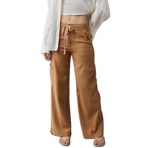 Weite Cargohose Aus Leinenmischung, Cargohose Mit Hoher Taille Für Damen, Hose Mit Weitem Bein Und Kordelzug, Streetwear-Baggy-Fallschirmhose (Khaki,L) von BIUBIULOVE