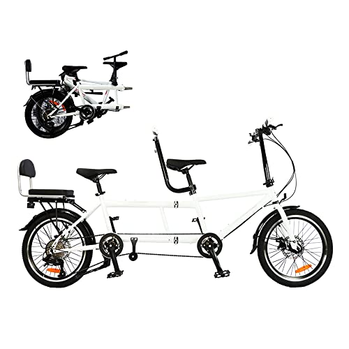 BIXUYOU Klappbares Tandemfahrrad, 20-Zoll-City-Tandem-Faltrad, verstellbares Tandem-Beach-Cruiser-Fahrrad, Faltrad mit 3 Sitzen für Erwachsene, 7 Geschwindigkeiten, CE/FCC (Weiß) von BIXUYOU