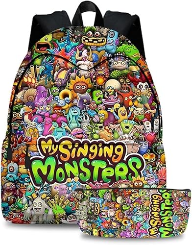 BJMAND 2 x My Singing Monsters Rucksack und Federmäppchen-Set, Spiel, 3D-Druck, Schultasche, Schultasche, Federmäppchen-Set für Schüler, Typ 15, Anime von BJMAND