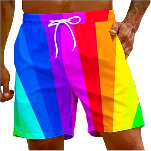 BJMAND Herren-Sommer-Board-Shorts, Regenbogen-Druck, Strand-Shorts, Hawaii-Surf-Board-Shorts, Herren-Shorts mit Kordelzug, elastische Urlaubsshorts (C, L) von BJMAND