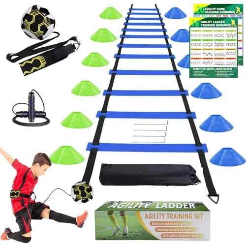 BJNCDIO Fussball Trainingszubehör, 6m Koordinationsleiter, 12 Hütchen, Fußballtrainer und Springseil, Fussball Trainingsset Sachen, Fußball Geschenke für Jungs Kinder (Blau 2) von BJNCDIO