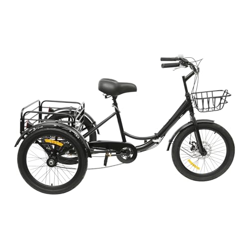 BJTDLLX Falt Dreirad für Erwachsene 20 Zoll 7 Gang 3 Rad Fahrrad mit Einkaufskorb, Outdoor Tricycle Erwachsenendreirad mit Schloss,Cruise Bikes Höhenverstellbar 30.3-36.6 Zoll (Schwarz) von BJTDLLX