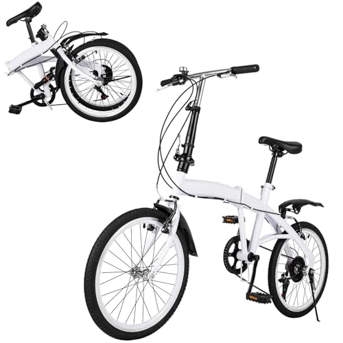 BJTDLLX Klapprad 20 Zoll Klappfahrrad Erwachsene | Premium Faltrad | 7 Gang Weiß Fahrrad, Deluxe Doppel-V-Bremse Karbonstahl Fahrräder Bicycle Bike Bis 90KG, Höhenverstellbar von BJTDLLX